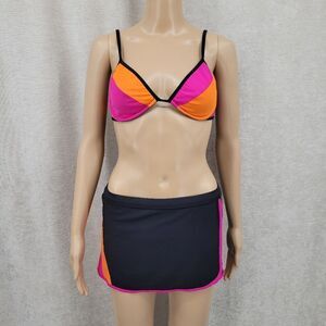 VM Sport Vintage 90s Vibrant Pink and Orange Women's Swimsuit Set Bikini Skort